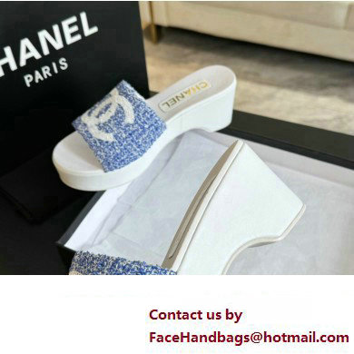 Chanel Tweed  &  Patent Calfskin Mules G45555 Blue 2024